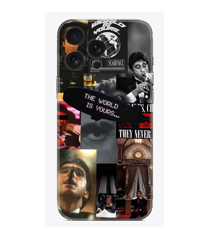 Scarface temalı, kolaj desenli iPhone telefon kılıfı, retro film sahneleri ve yazılı tasarım