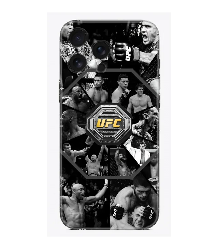 UFC temalı, dövüşçü fotoğraflarıyla süslenmiş siyah telefon kılıfı
