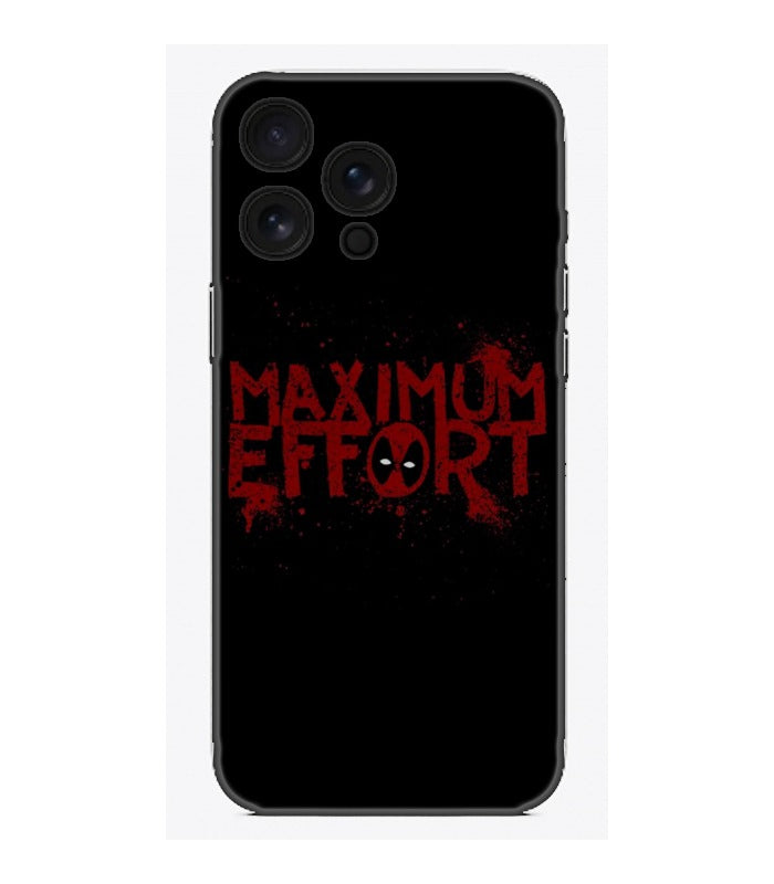 Siyah zeminli, kırmızı Maximum Effort yazılı Deadpool temalı telefon kılıfı