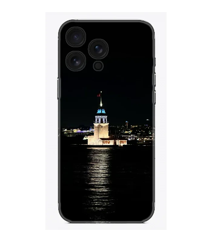 Gece manzaralı Kız Kulesi baskılı şeffaf telefon kılıfı, şehir silüetli tasarım