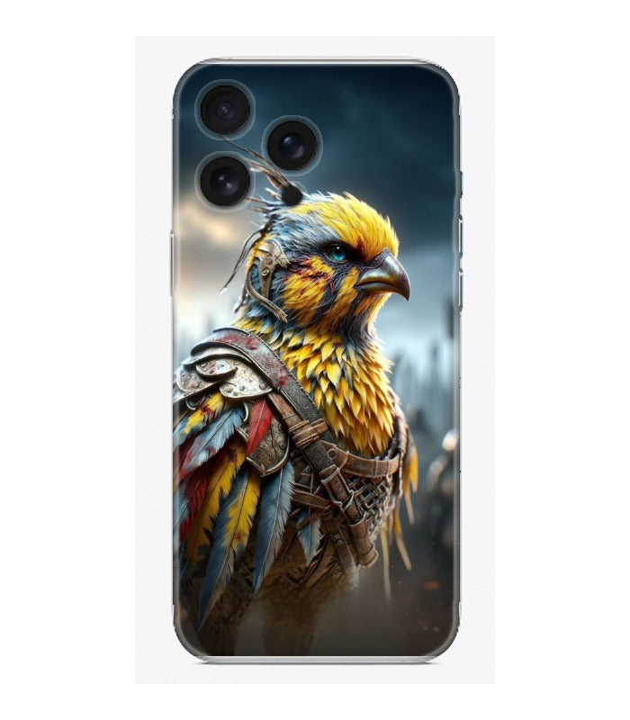 Zırhlı savaşçı kuş desenli şeffaf telefon kılıfı, renkli ve koruyucu tasarım