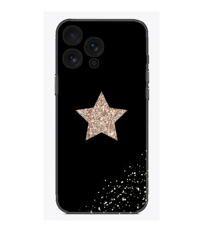 Siyah üzerine simli altın yıldız ve parıltılı desenli telefon kılıfı