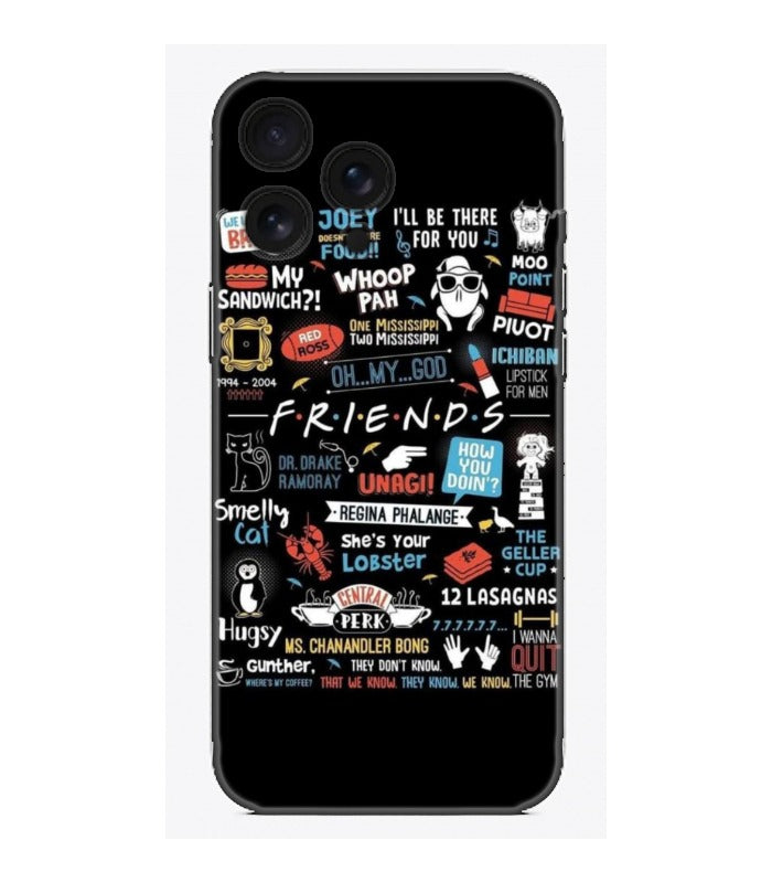 Friends dizisi temalı, siyah zeminli, renkli alıntı ve ikonlarla süslenmiş iPhone telefon kılıfı