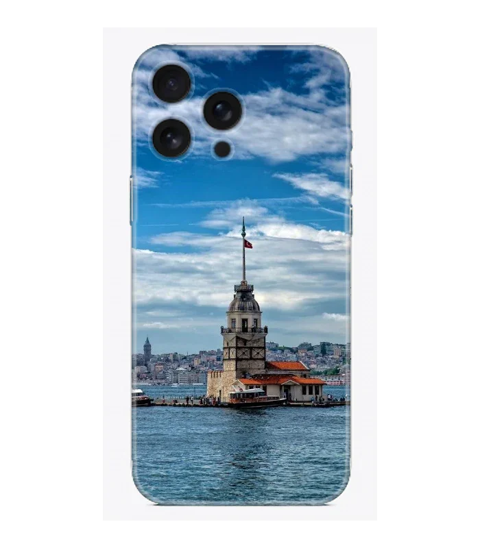 Kız Kulesi baskılı telefon kılıfı, deniz ve şehir manzarası ile şık tasarım