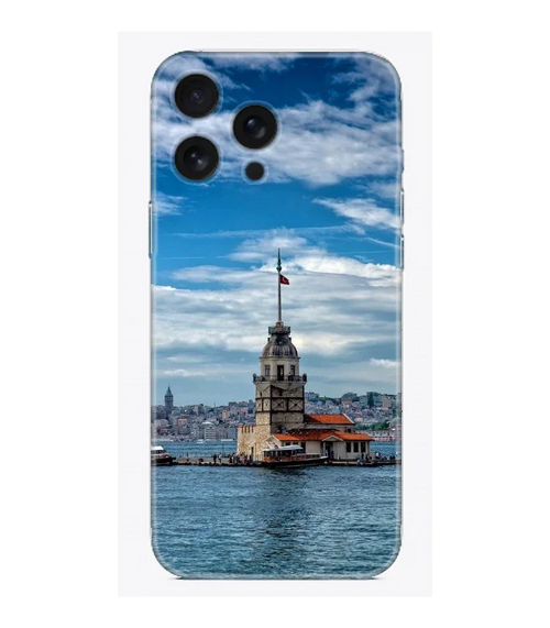 Kız Kulesi baskılı telefon kılıfı, deniz ve şehir manzarası ile şık tasarım