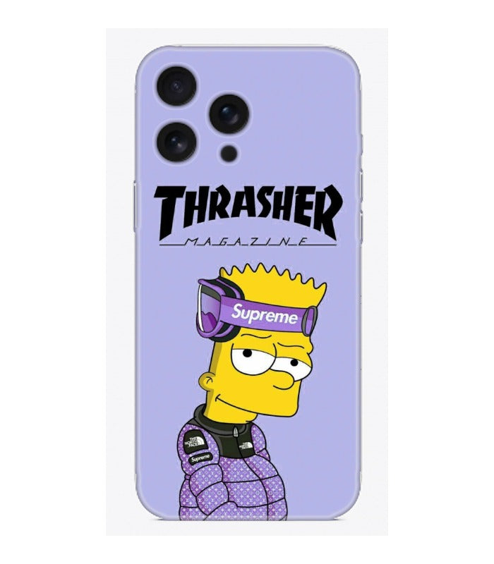 Mor zeminli, Bart Simpson tasarımlı iPhone kılıfı, Thrasher ve Supreme logolu.