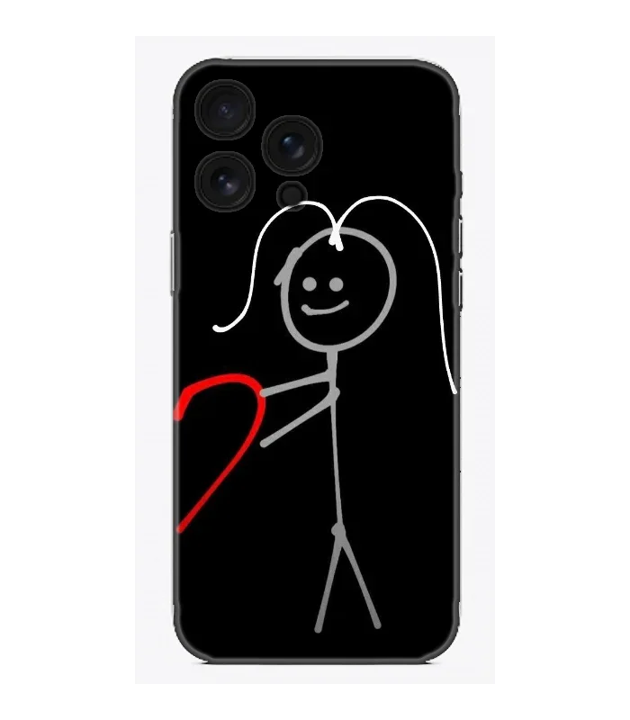 Siyah zeminli, çöp adam ve kırmızı kalp tasarımlı telefon kılıfı