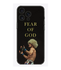 Siyah arka planlı, dövüşçü figürlü ve 'FEAR OF GOD' yazılı telefon kılıfı