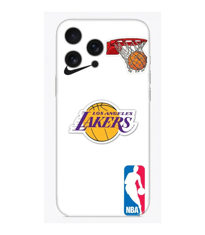 Beyaz arka kapaklı, Lakers ve NBA logolu, basketbol temalı iPhone telefon kılıfı