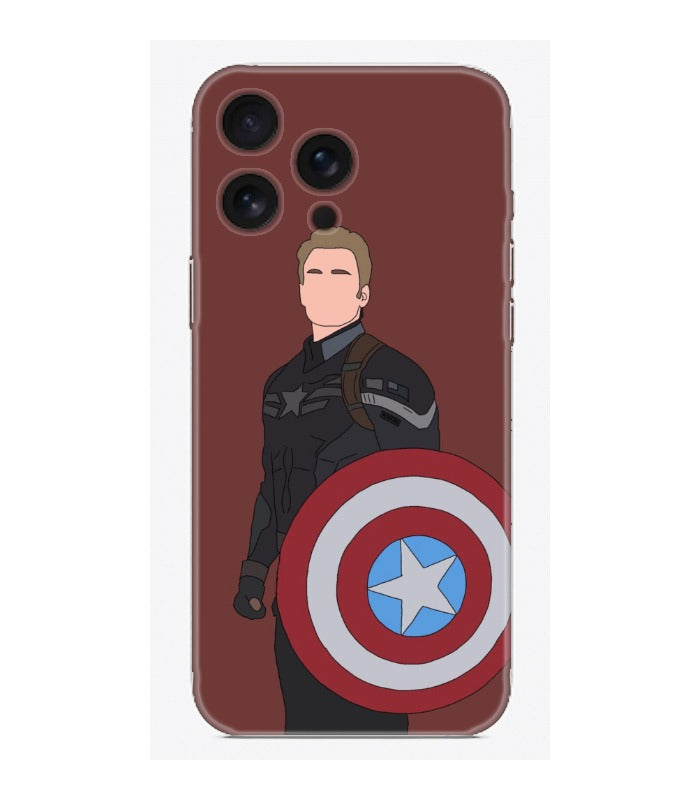 Kaptan Amerika desenli şeffaf telefon kılıfı, kahverengi arka plan, erkek figürlü tasarım