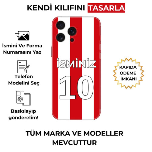 Kırmızı beyaz çizgili, isim ve numara eklenebilen kişiye özel telefon kılıfı görseli