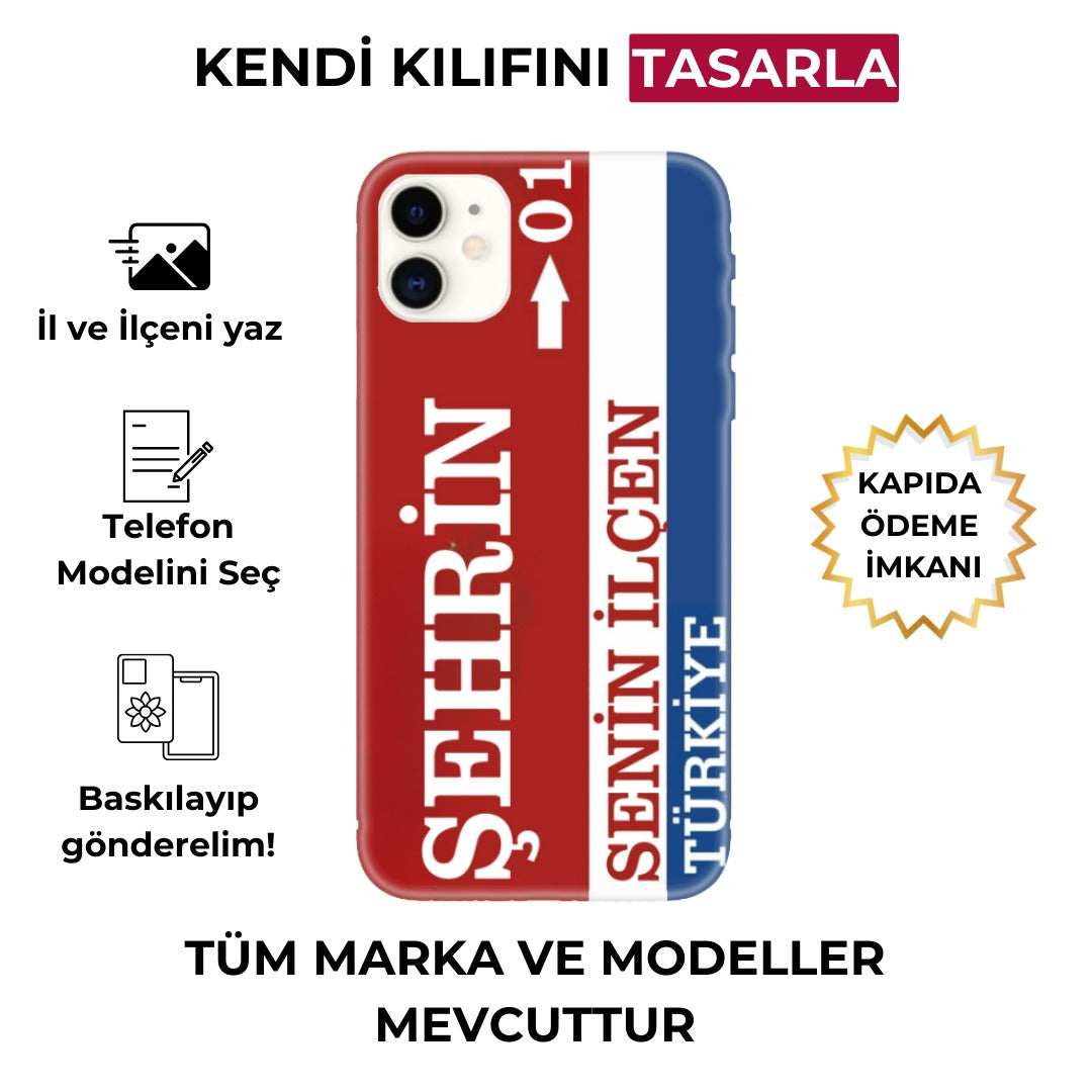 Kırmızı mavi şeritli, şehir ve ilçe adı yazılabilen, kişiye özel telefon kılıfı tasarımı.