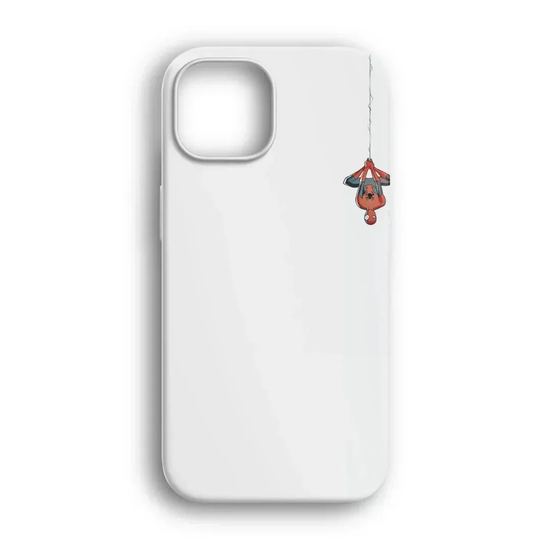 Beyaz üzerinde sarkan örümcek adam çizimli telefon kılıfı