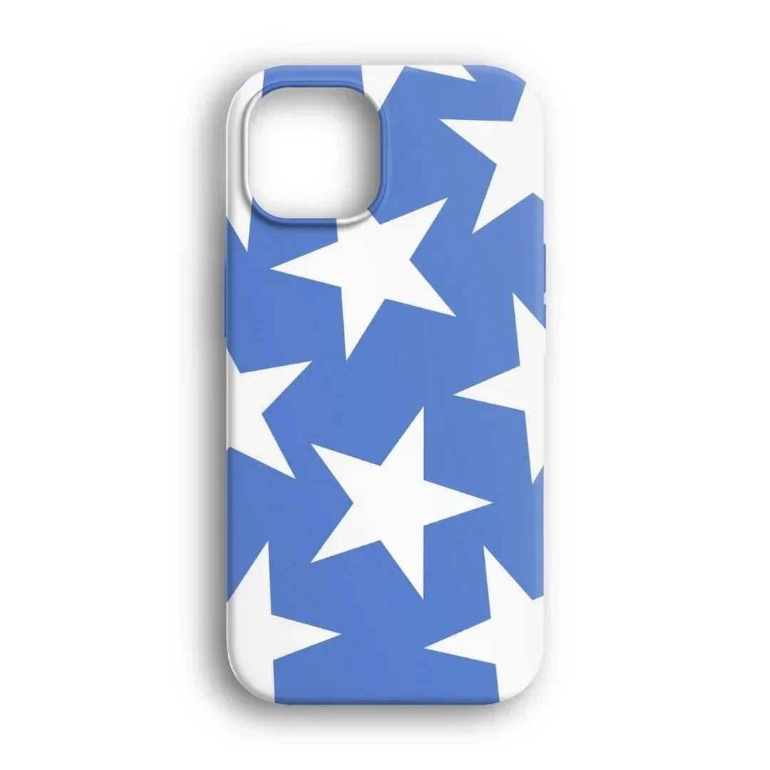 Mavi zemin üzerinde beyaz yıldız desenli telefon kılıfı