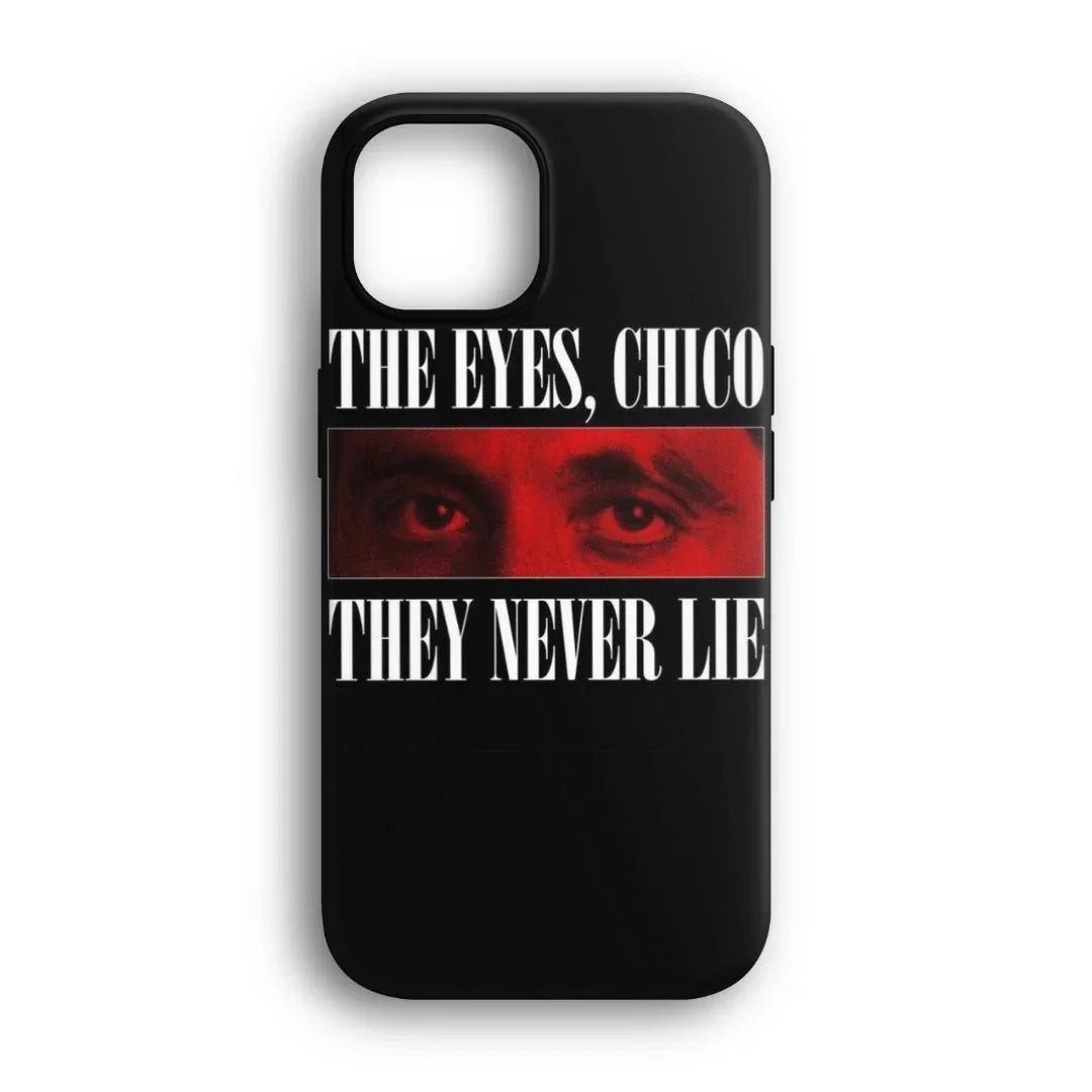 Siyah zeminli, önünde kırmızı göz detayı ve 'The Eyes, Chico They Never Lie' yazılı telefon kılıfı