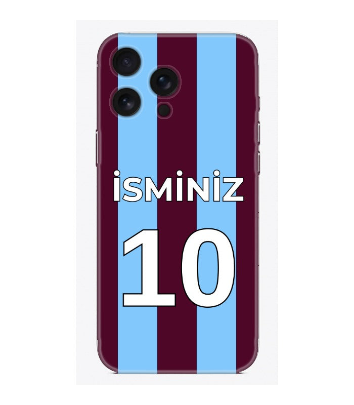 Kişiye özel isimli ve numaralı bordo-mavi Trabzon desenli telefon kılıfı.