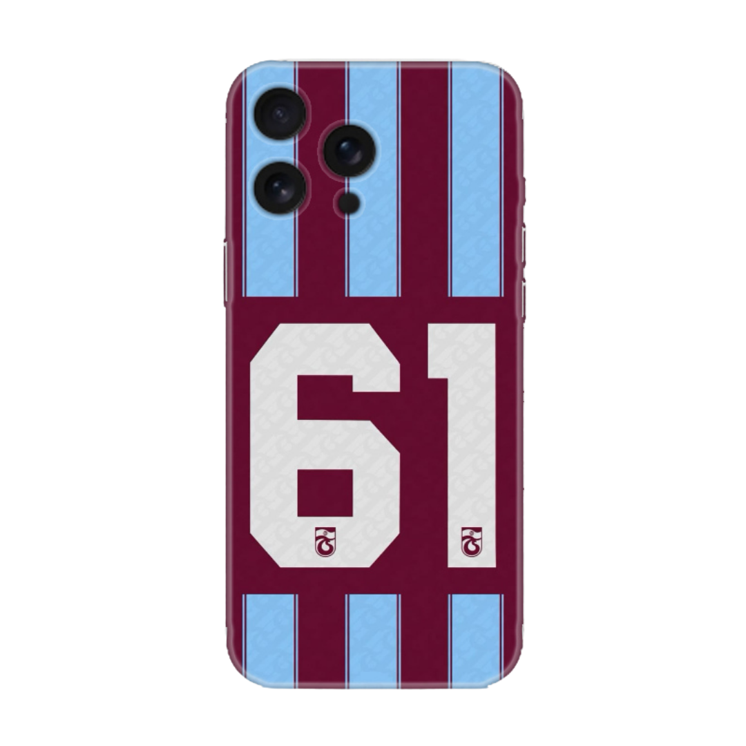 Bordo mavi çubuklu forma tasarımlı, üzerinde 61 yazan darbe emici Trabzonspor telefon kılıfı