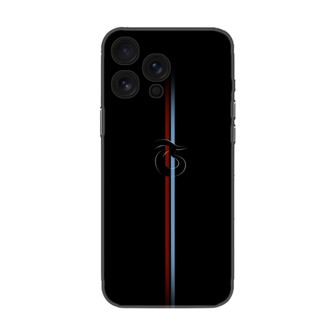 Siyah zemin üzerine bordo mavi dikey şeritli ve ortasında TS logolu, darbe emici Trabzonspor telefon kılıfı