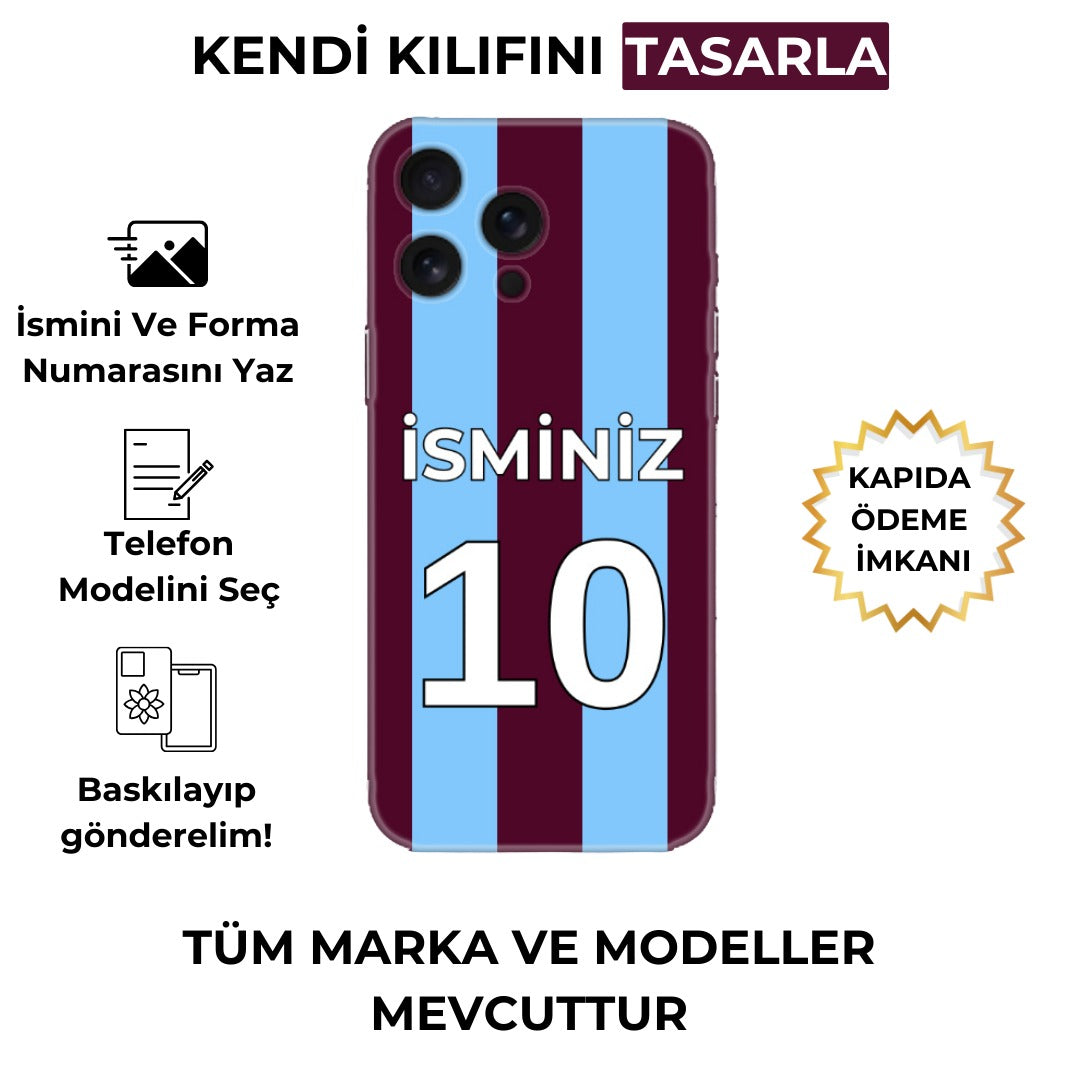 Kişiye özel bordo mavi tasarımlı telefon kılıfı, isim ve forma numarasıyla özelleştirilebilir.