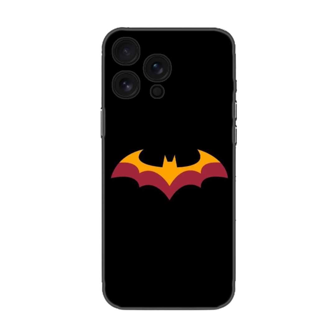Siyah zeminli, sarı ve kırmızı yarasa desenli iPhone telefon kılıfı